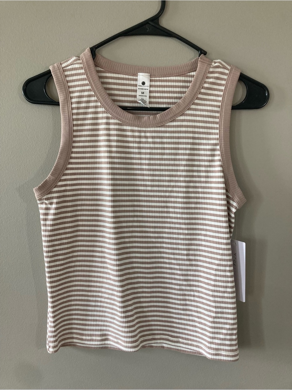 Yogalicious Rib Cambria Taupe & White Ribbed Striped Tank Top